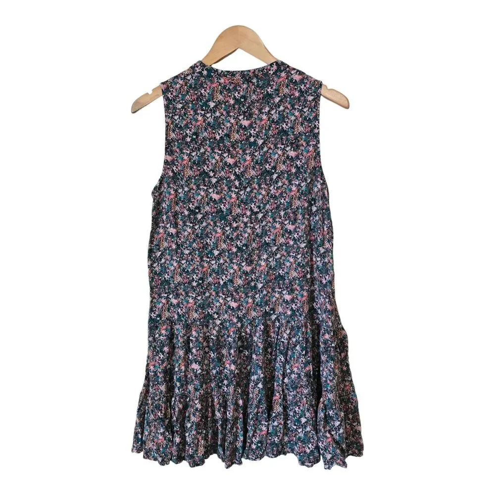 Nine West Floral Tiered Mini Dress Sleeveless V-Neck Pink Teal Black Women's Lrg